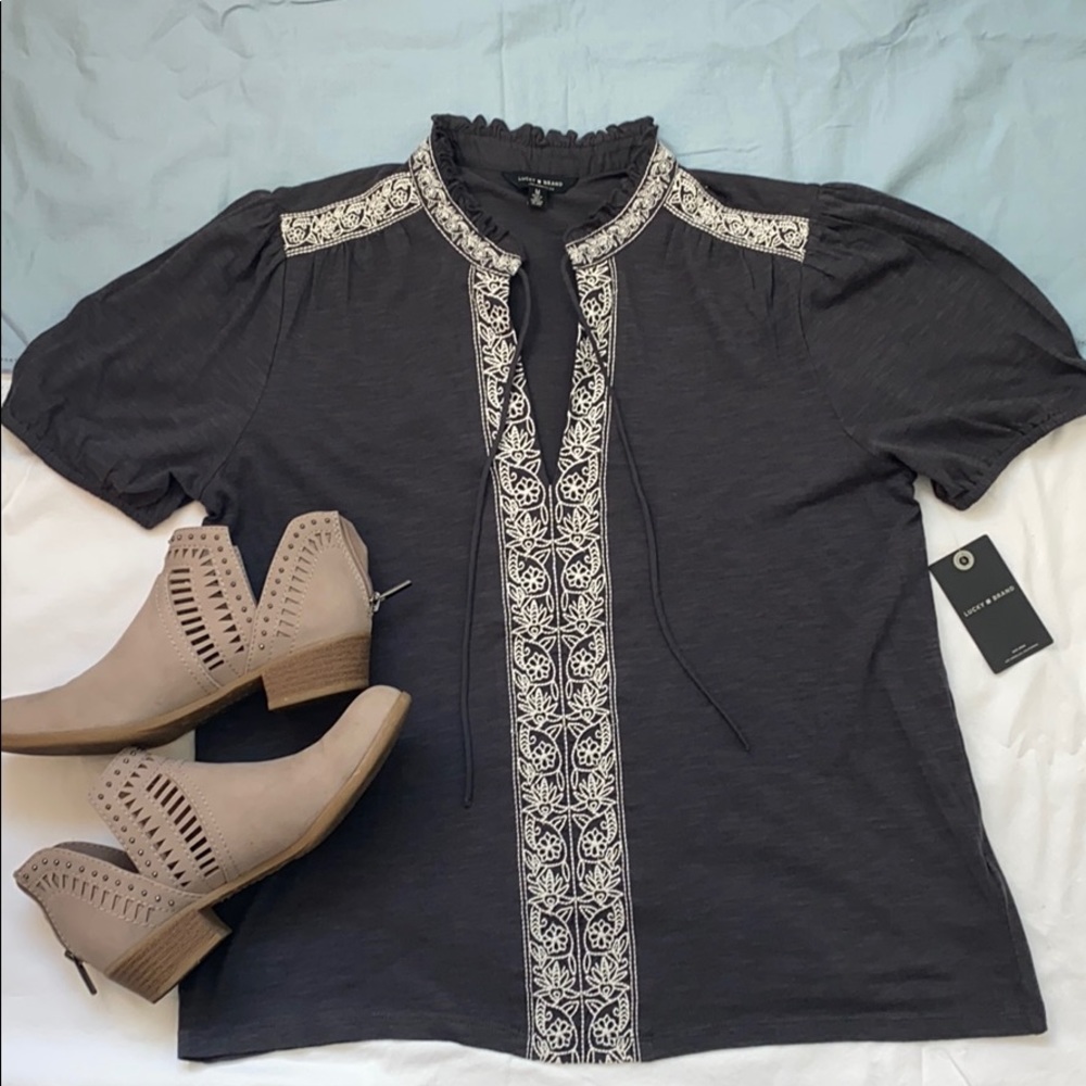 Lucky brand grey embroidered placket top